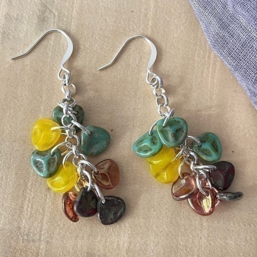 2/$29 Handmade Czech Glass Leaf Dangle Earring 2.25” Green Yellow Brown Colorful
